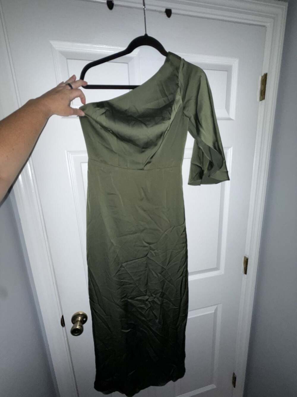 Birdy Grey One-Shoulder Satin Maxi Dress in Olive